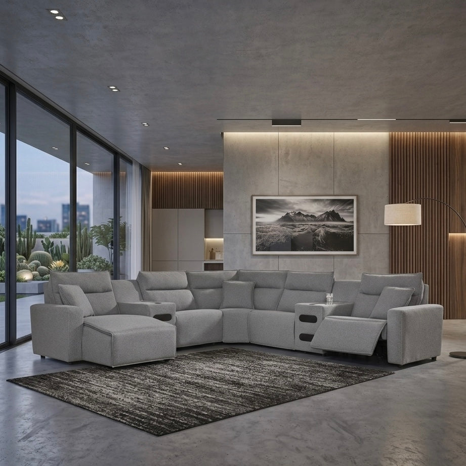 Maverick 7-Piece Dual Power Reclining Sectional with Chaise and Audio Consoles