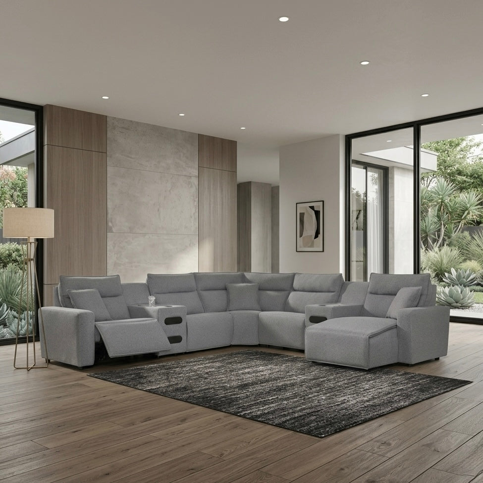 Maverick 7-Piece Dual Power Reclining Sectional with Chaise and Audio Consoles