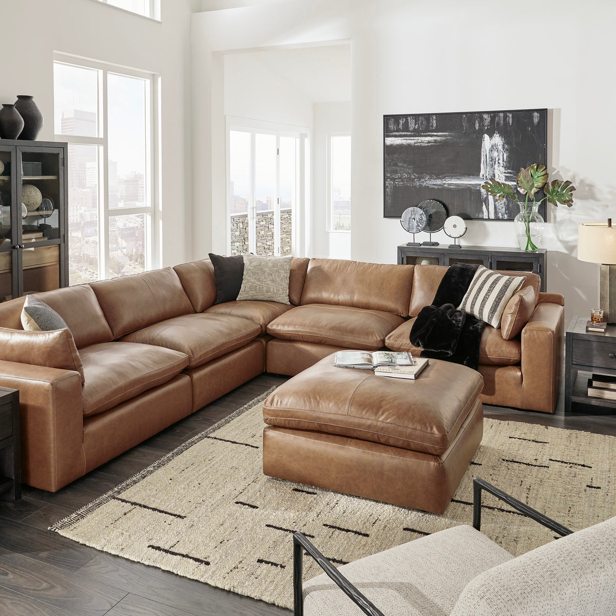 Belvedere 5-Piece Leather Modular Sectional + Oversized Ottoman
