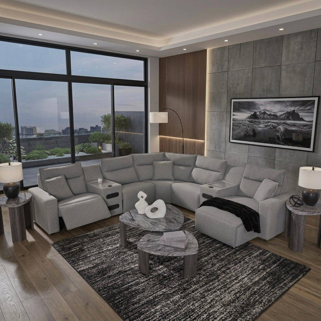 Maverick 7-Piece Dual Power Reclining Sectional with Chaise and Audio Consoles